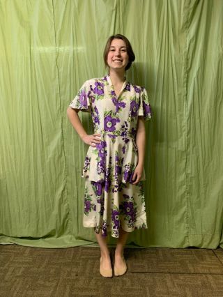 1940s Authentic Vintage Dress With 2 - Tier Skirt And Purple Flowers.  Size 2