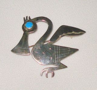 Vintage 925 Sterling Silver Tribal Bird Brooch Pin Laffi Peru - Turquoise Eye