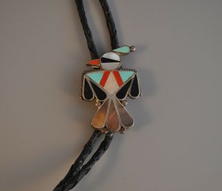 Vintage Zuni Indian Silver Inlay Bolo Tie - Pueblo Bird - Turquoise Coral Shell