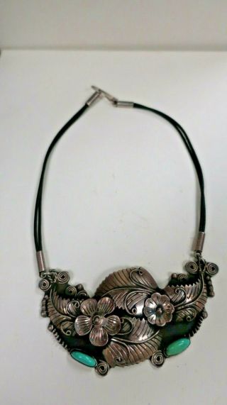 Vintage Sterling Silver Mexico Cii Floral & Leaf Design With Turquoise Necklace