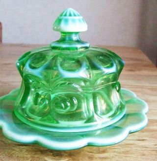 Mosser Green Opalescent Butter Dish Cherries And Cable Vintage