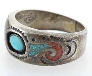 Vintage Southwestern Sterling Silver 925 Shadow Box Turquoise & Coral Ring - 9.  5