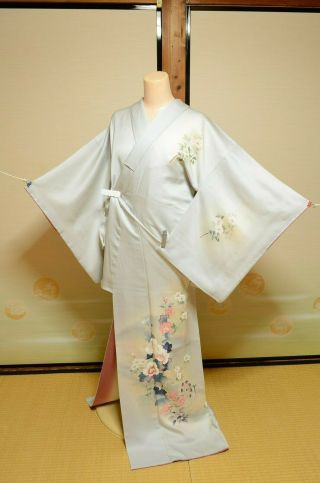 Kimono Tsukesage Silk Women Flower Japanese Vintage Robe Costume 157cm /752