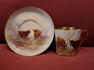 Very Rare Crown Devon Fieldings Cabinet Cup & Saucer Highland Cattle Signed Cox