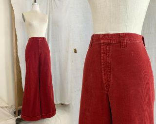 Vintage 1970s Red Micro Corduroy Wide Leg Bell Bottom Pants 31 " - 32 " Waist