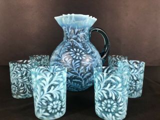 Vintage Fenton Blue French Opalescent Large Pitcher And Tumblers/glasses