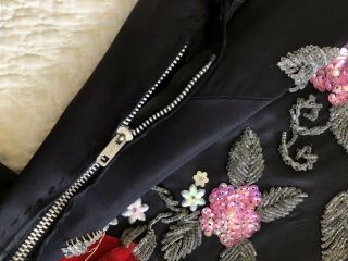 Vintage 1940s 50s Black Satin Cheongsam Qipao Velvet Applique Flowers Beads VTG 5