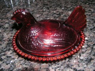 Vintage Red Hen Chicken On Nest Candy Dish 7 " X 5.  5 "
