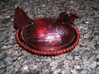 Vintage Red Hen Chicken On Nest Candy Dish 7 