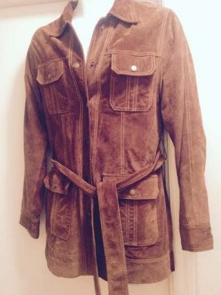 Lucky Brand L Vintage 60s 70s Inspired Suede Leather Trench Coat Jacket Belt P43