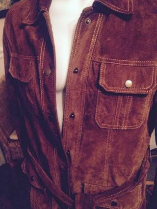 LUCKY BRAND L Vintage 60s 70s Inspired Suede Leather Trench Coat Jacket Belt P43 2
