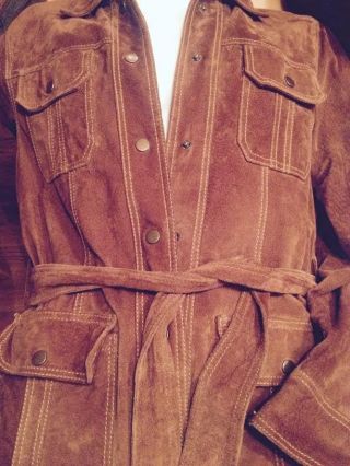 LUCKY BRAND L Vintage 60s 70s Inspired Suede Leather Trench Coat Jacket Belt P43 3