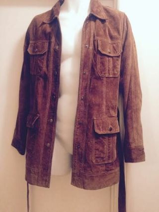 LUCKY BRAND L Vintage 60s 70s Inspired Suede Leather Trench Coat Jacket Belt P43 4