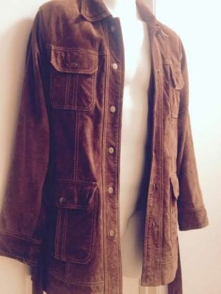 LUCKY BRAND L Vintage 60s 70s Inspired Suede Leather Trench Coat Jacket Belt P43 5