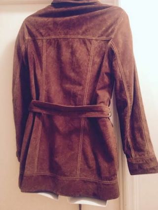 LUCKY BRAND L Vintage 60s 70s Inspired Suede Leather Trench Coat Jacket Belt P43 6
