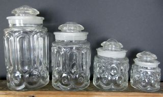 Vtg Le Smith Set Of 4 Moon & Stars Clear Canister Glass Jar Set With Lids Jf