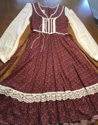 Vintage 70s Gunne Sax Calico Floral Corset With Lace Prairie Dress Medium -