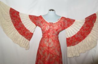 70 ' s Vtg Gunne Sax Dress Red Paisley Maxi Festival Bell Lace Sleeves Size 5 2