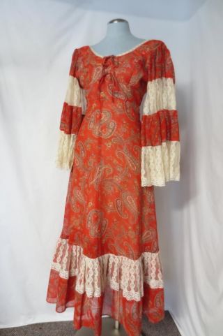 70 ' s Vtg Gunne Sax Dress Red Paisley Maxi Festival Bell Lace Sleeves Size 5 3