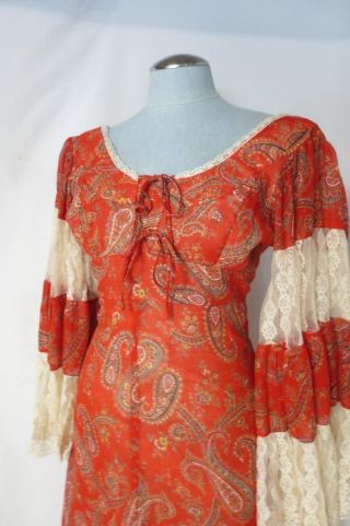 70 ' s Vtg Gunne Sax Dress Red Paisley Maxi Festival Bell Lace Sleeves Size 5 4