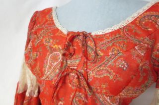 70 ' s Vtg Gunne Sax Dress Red Paisley Maxi Festival Bell Lace Sleeves Size 5 5