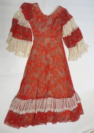 70 ' s Vtg Gunne Sax Dress Red Paisley Maxi Festival Bell Lace Sleeves Size 5 8