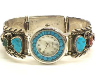 Signed Vtg Native American Sterling Silver Turquoise Coral Watchband W/ Watch