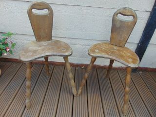 Pair Antique Vintage Rustic French 3 - Leg Tripod Wooden Milking Spinning Stools