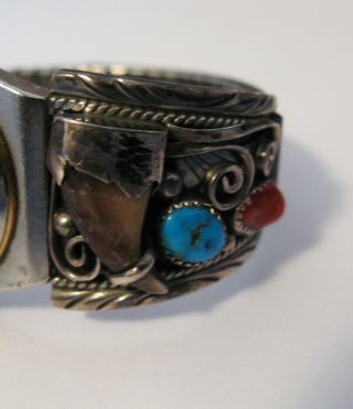 VINTAGE NAVAJO STERLING WATCH BAND TURQUOISE CORAL FAUX BEAR CLAW SIGNED SS 2