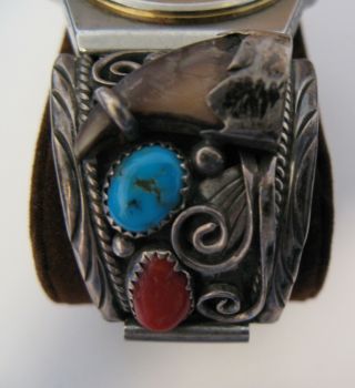 VINTAGE NAVAJO STERLING WATCH BAND TURQUOISE CORAL FAUX BEAR CLAW SIGNED SS 3
