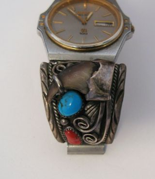 VINTAGE NAVAJO STERLING WATCH BAND TURQUOISE CORAL FAUX BEAR CLAW SIGNED SS 6