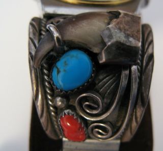 VINTAGE NAVAJO STERLING WATCH BAND TURQUOISE CORAL FAUX BEAR CLAW SIGNED SS 7