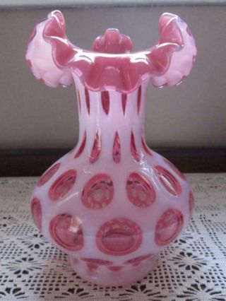 Vtg Fenton Art Glass Pink Cranberry Coin Dot Ruffle Crimped Vase 7 " Opalescent