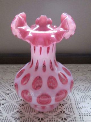 Vtg FENTON Art Glass Pink Cranberry Coin Dot Ruffle Crimped Vase 7 