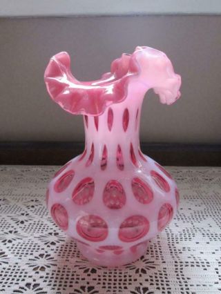 Vtg FENTON Art Glass Pink Cranberry Coin Dot Ruffle Crimped Vase 7 