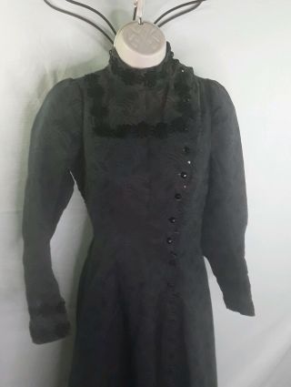 Antique Civil War Black Mourning Dress Brocade Glass Floral Buttons Sz S Or Xs