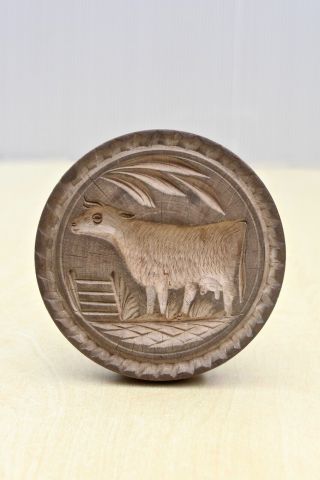 VINTAGE 1930 ' s COW PICTORIAL WOODEN BUTTER MOULD - PATINA - DETAILED CARVING 6