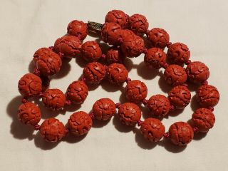 Antique Vintage Floral Carved Red Cinnabar Bead Knotted Necklace
