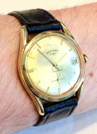 Early Vintage Gold Plate Swiss Rotary Mens Dress Watch Ft Date & Subsidiary Hand
