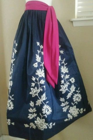 Vintage 50s Taffeta Blue Full Skirt Embroidered Flowers Dress 12 M L Rockabilly