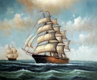 Sailing Ship Vintage Style Classic Ocean Seascape Stretched 20x24 Oil Painting