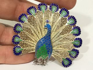 Vtg Sterling Silver 925 Topazio Filigree Peacock Bird Pin Brooch