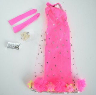 Vintage Barbie 1844 Extravaganza Pink Nylon Gown Gloves Silver Glitter Shoes