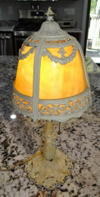 Art Nouveau 4 Panel Slag Glass Lamp Boudoir Dresser Leaded Cast Iron Vtg Antique