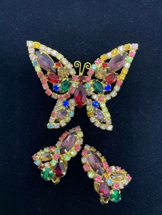 Vintage Rare Signed Weiss Rhinebow Color Butterfly Brooch Clip On Earring Set