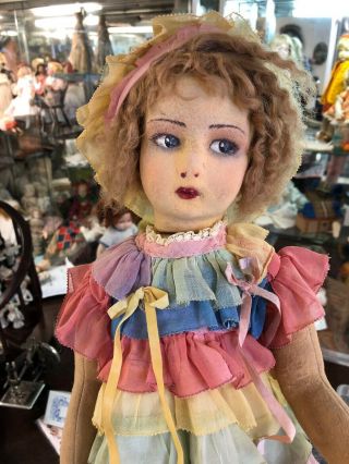 Antique 18” Lenci Italian Felt Cloth Doll In Adorable Rainbow Dress C.  1930s