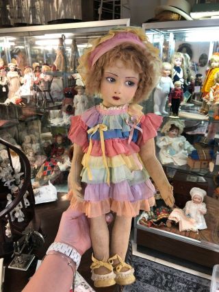 Antique 18” Lenci Italian Felt Cloth Doll In Adorable Rainbow Dress c.  1930s 2