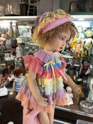 Antique 18” Lenci Italian Felt Cloth Doll In Adorable Rainbow Dress c.  1930s 6