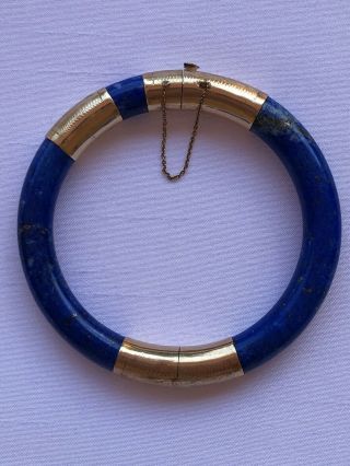 Vintage Lapis Lazuli 14k Yellow Gold Carved Hinged With Safety Latch Bracelet