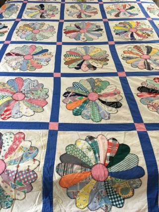 Vintage Handmade Feed Sack Dresden Plate Quilt Top 74 " X 89 "